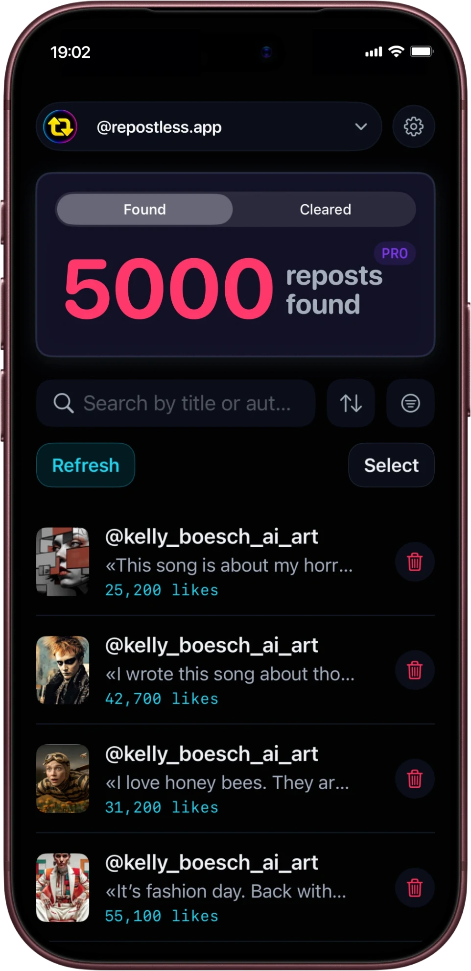 Repostless en un iPhone: 5000 reposts encontrados en el perfil, búsqueda y filtros, y una lista de reposts cada uno con su botón de eliminar.