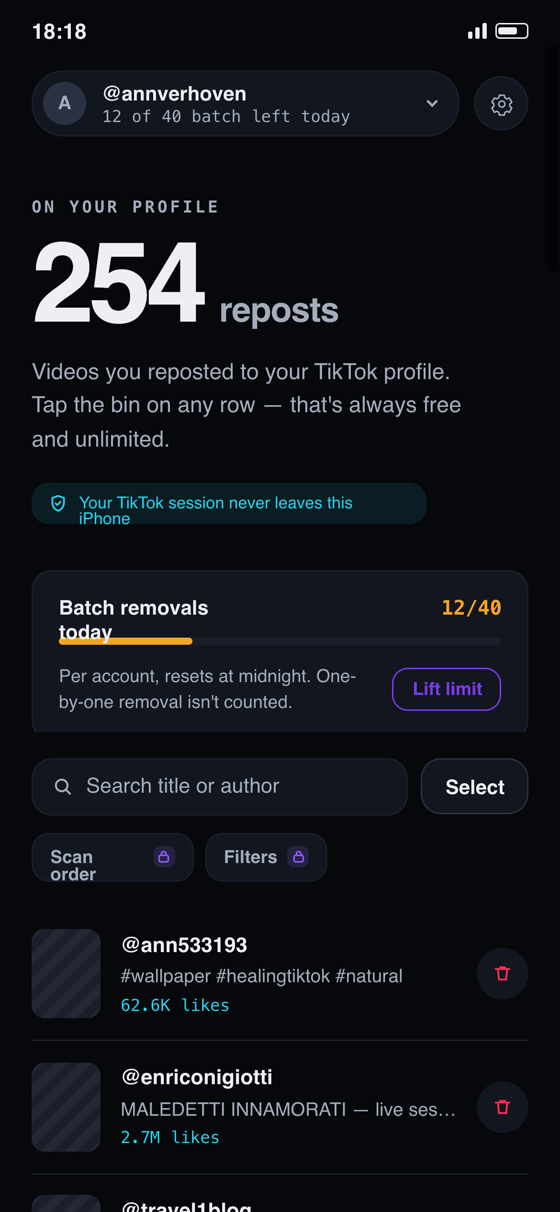 The Repostless main list: reposts found on the profile, with search, filters and a remove button on each row.