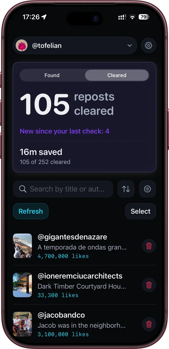 La pestaña Cleared: 105 reposts eliminados, con el tiempo que se ahorró.
