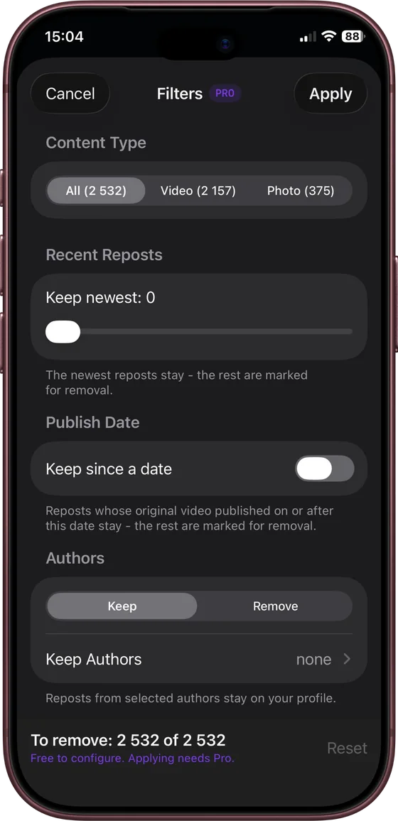 Filtros: tipo de contenido, conservar los reposts más recientes, conservar desde una fecha, conservar o eliminar por autor.